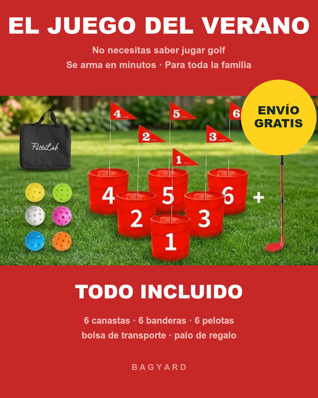 Bagyard, el juego del verano: set completo con 6 canastas, 6 banderas, 6 pelotas, bolsa y palo de regalo, armado sobre el pasto de un jardín